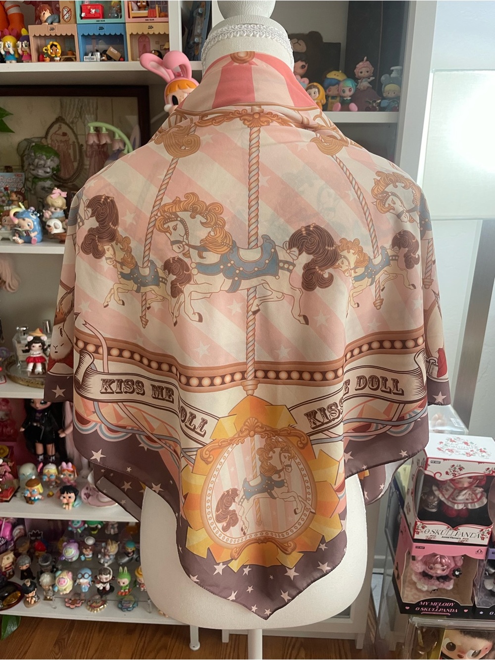 Kiss Me Doll Carousel Horse Print Square Scarf Pink Brown Kawaii